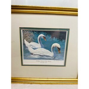 Dan Mowrey Signed Swan Print 1986 Framed Art 14x12.5